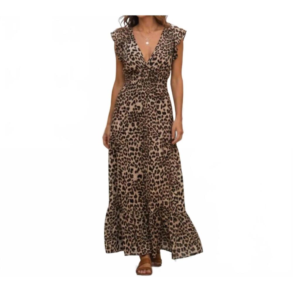 NEW FELICITE smocked maxi dress in dark leopard